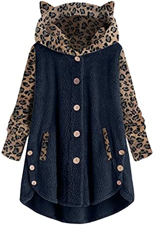 Žene Splice slatka jakna s kapuljačom mačaka plus veličina Leopard Print casual plišani kaput gumb vrhovi labavi odjeća za pada odjeća