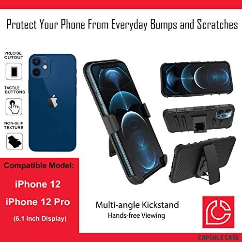 Slučaj Ohiya kompatibilan sa iPhone 12 [Zaštita od vojne ocjene udarca otporna na udarcu Chickstand Holster Zaštitna crna futrola za iPhone 12 6,1 inčni zaslon