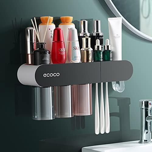 Držači za zube za kupaonice Zidni montirani, 3 šalice magnetske četkice za zube Obiteljski komplet sa puštanjem zubne paste, crteži i 6 proreza četkica, ladicama velikih kapaciteta