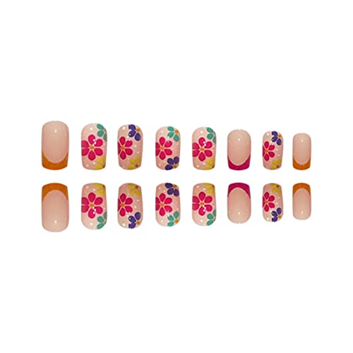 Francuski vrh pritisnite na noktima kratki kvadratni lažni nokti ružičasti lažni nokti sa šarenim cvjetnim Tratinčicama dizajn sjajni