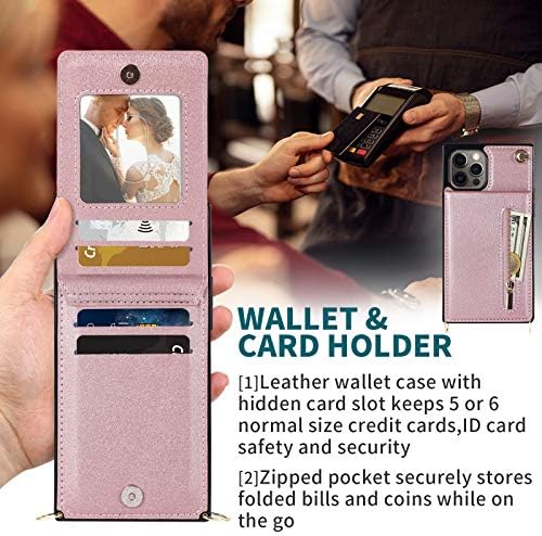 Hoggu kompatibilan sa iPhone 12 Pro Max futrolom za novčanik Crossbody kožna futrola sa držačem za kartice,torbicom sa patentnim zatvaračem, postoljem za noge,uklonjivom naramenicom, kvadratnim uglovima zaštitni stražnji poklopac 6,7 inča-Rose Gold