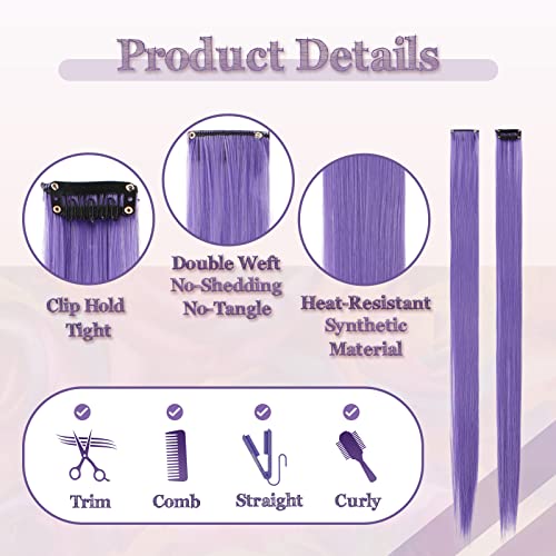 Sofeiyan 10 Pcs Colored Hair Extensions Party Highlights Colorful Clip in Hair Extensions 22 Inch Straight Synthetic Hairpieces for Women Kids Girls Halloween Christmas Cosplay, 10pcs Grey Purple