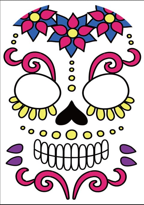 Dan mrtvih lica tetovaže, 6-listova šećerskog lubanja na licu tetovaže Dan mrtvih privremenih naljepnica lažna cvjetna crna paurka