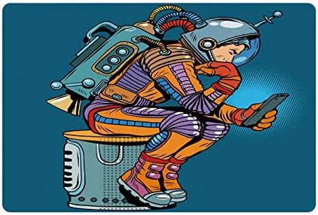 Lunarable Outer Space prostirka za kućne ljubimce za hranu i vodu, ilustracija astronauta sa pametnim telefonom Pop Art Retro stil,