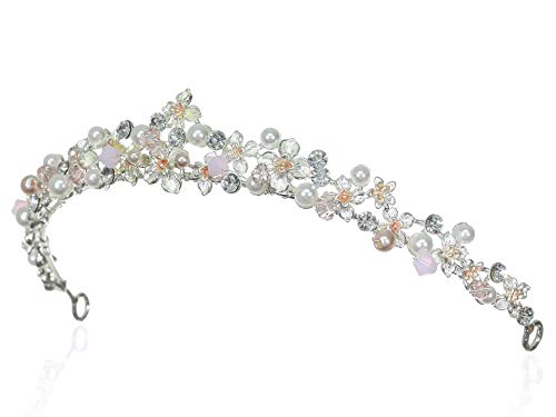 Samky Faux Pearl Flower Pink Crystal Bridal Tiara Crown-Srebrna T1258