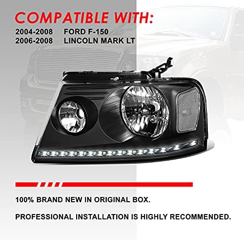 LED DRL halogena prednja svjetla kompatibilna sa Ford F-150 Lincoln Mark LT 04-08, strana vozača i suvozača, Crni kućište čisti ugao