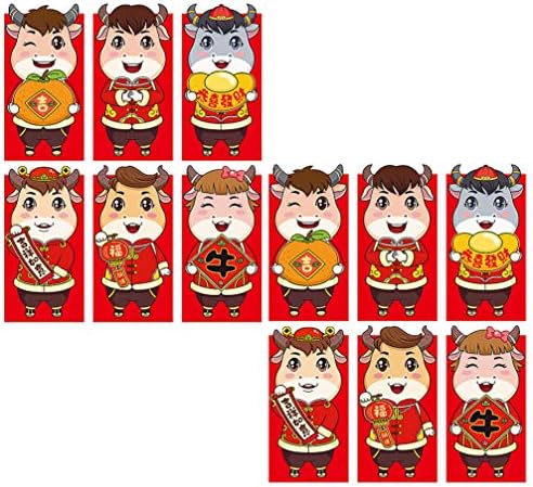 Amosfun Crvene torbice 12kom 2021 kineska Nova Godina crvene koverte Zodijak Ox godina Lucky Hong Bao Spring Festival novčani paketi Nova Godina poklon wrap torbe crvena torbica