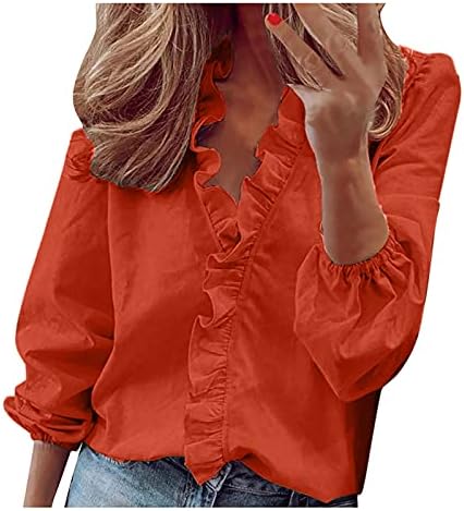 Ljetni vrhovi za žene ruffle s dugim rukavima labave majice V-izrez Tunic bluza VAME Slijede plus majice
