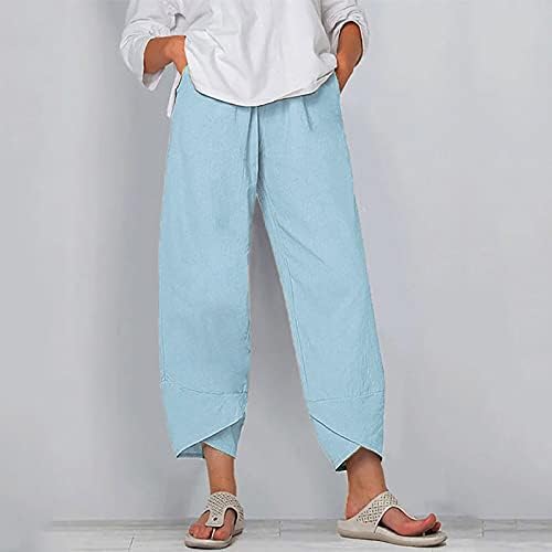 Mackneog High Squist Žene Capri hlače za ljetno lagano u boji pune boje Casual Loose Capri hlače široka posteljina za nogu