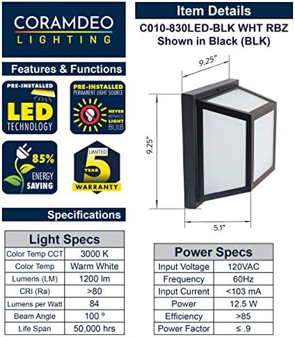 CORAMDEO 9,25 kvadratna plafonska lampa, trijem, ulaz, vanjski hodnik, vlažna lokacija, ugrađena LED daje 125W svjetla, 1200 lumena,