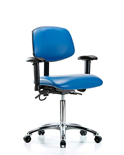 LabTech sjedeća LT41260 ESD Vinilna Srednja klupa stolica hromirana baza, nagib, ruke, ESD Kotačići plavi