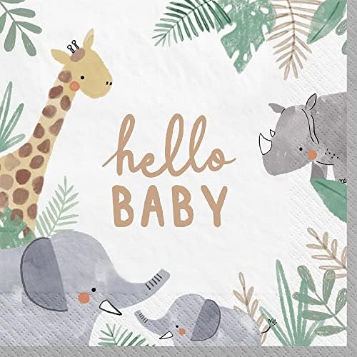 Hello Baby safari tematske potrepštine za tuširanje za bebe / uključuje papirne tanjire i salvete za 8 osoba / Jungle partyware Bundle u neutralnoj paleti boja