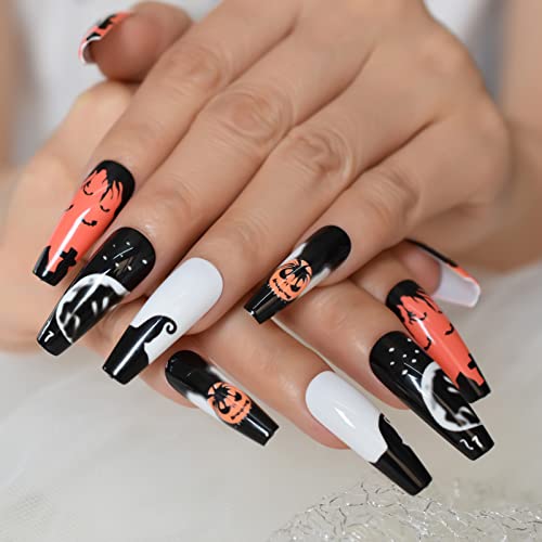 Halloween Extra Long Pumpkin Press On Nails Balck White Coffin Lažni Nokat Puni Poklopac Sjajni Balet Nokat Art Tips