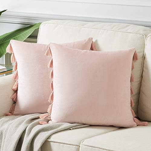 Fancy Homi Pack od 2 slatka dekorativna jastuka za bacanje sa ručno rađenim resima, meko baršun breskvica sa čvrstim kvadratnim četvornim