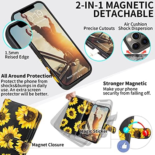 CASEOWL iPhone 12 Pro Max Case Wallet-Magnetic odvojivi 2 u 1 Folio kožni novčanik-futrola za telefon za žene sa trakom za ruke -9 držač za kartice - torbica za novčanik za iPhone 12 Pro Max-Sun Flower