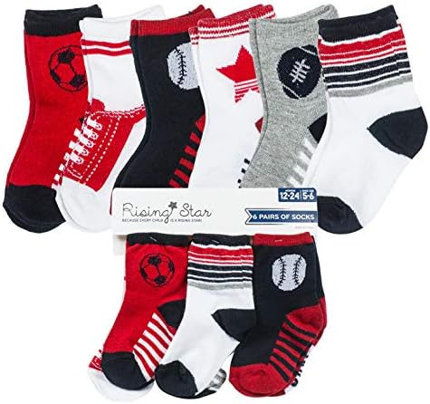 Dječačke sportske čarape za bebe - Sportske kuglice Dizajn - Crvena i bijela nogometna bajbal - 6-12 mjeseci - 6 paketa