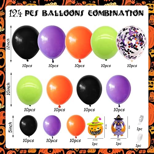 Halloween Balloon Garland Arch Kit, 124pcs crni ljubičasti balon narančasto voće zeleni konfeti baloni s bundevim sovam folijskim balonima za duhove za halloween party dekoracije