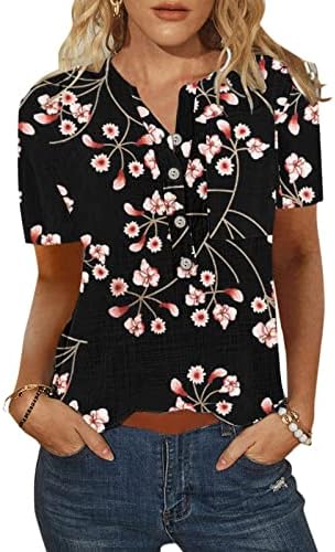Žene Ležerne prilike modne tipke za cvijeće O vrat kratkih rukava Tors T Majica Bluza mock izrez majicu