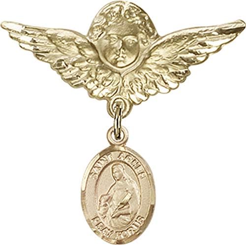Jewels Obsession Baby Badge sa šarmom Svete Agnes rimske i anđelom sa krilima značka / 14k Zlatna značka za bebe sa šarmom Svete Agnes
