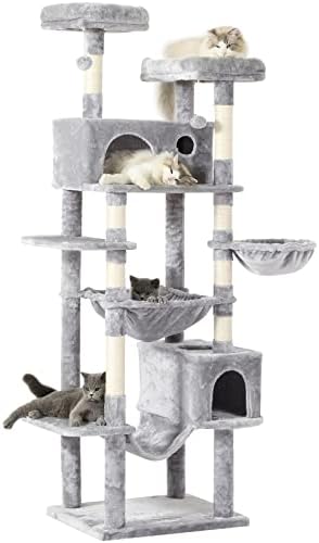 MSmask Cat Tree 76 inča, XXL veliki mačji toranj sa 3 vrste visećih mreža, Centar za aktivnosti mačaka na više nivoa za zatvorene mačke sa 2 stana za mačke, 2 smuđa, stubovima za grebanje, Penjalicom svijetlo siva