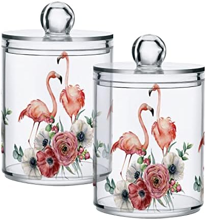Alaza 2 Pack Qtip Holder Dispenser Pink Flamingo Anemone Cvijeće Organizator kupaca za pamučne kuglice / brise / jastučići / konac, plastične staklenke za apoteke za ispraznost 118