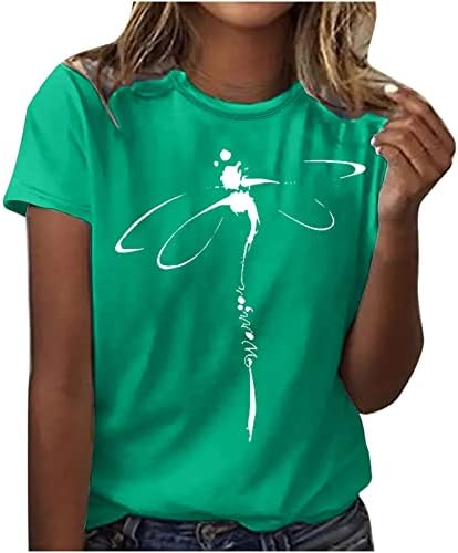 Žene Vintage Thirt Dragonfly Print Tops Ljeto Casual Hotsas rukav Osnovni okrugli vrat Tunika TEES Trendi bluze
