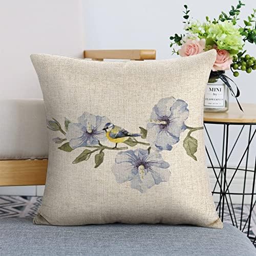 Ljetni seoski jastuk pokriva 18x18 Vodeno-kolor ptica Cvijeće Dekorativni ukras za jastuk za jastuke za kauč na kauču