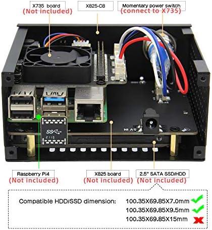 Geekworm X825-C8 metalna futrola + prekidač za hlađenje + ventilator za hlađenje X825 V2.0 2,5 inčni SATA SSD / HDD štit i malina PI 4 model B & X735 samo