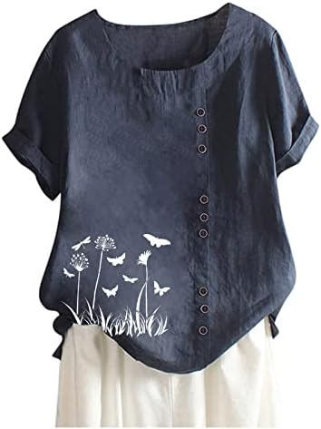 Tuianres posteljina za žene Dressy casual proljeće ljeto kratki rukav lana bluza labavi fit okrugli vrat majice