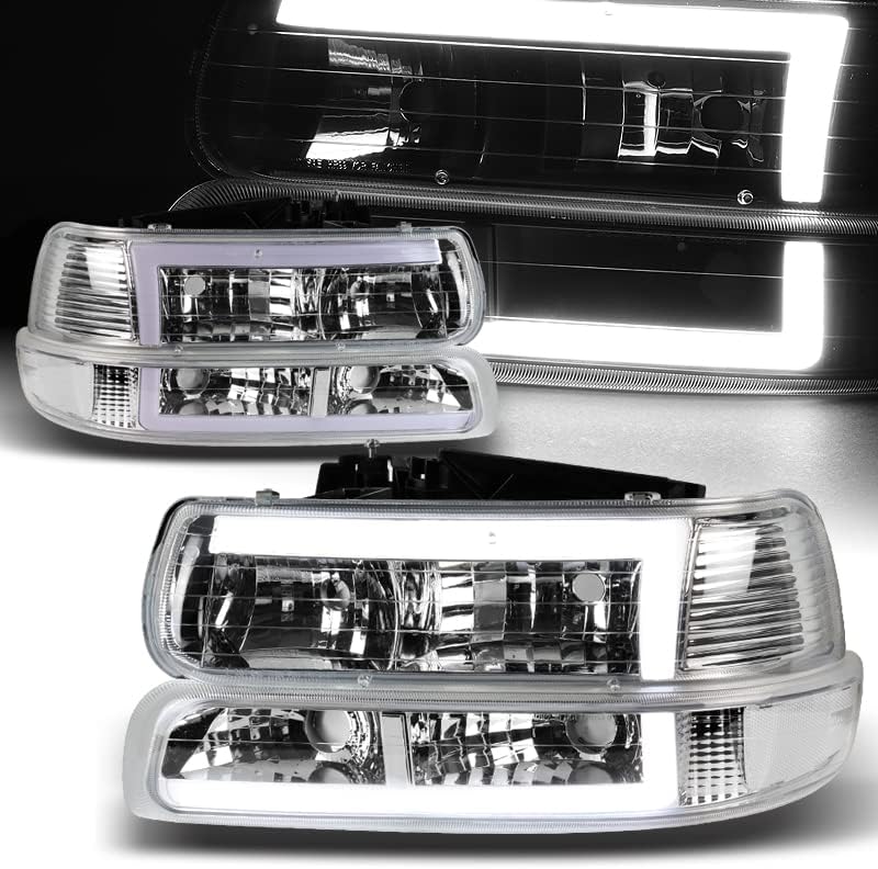 DriftX performanse, 4pcs LED DRL Hromirani farovi + Branik svjetla kompatibilna sa 1999-2006 Chevrolet, Clear Lens w / Clear reflektori
