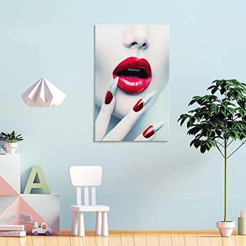 Nail Art Posteri seksi crvene usne modna boja koja odgovara umjetnosti noktiju kozmetički Salon Makeup Salon Posteri platneni zidni umjetnički printovi za zidni dekor soba dekor spavaća soba dekor pokloni 24x36inch Frame-Style