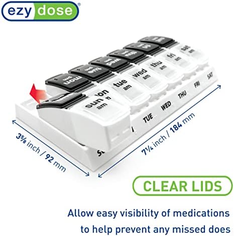 Ezy DOSE sedmični AM/PM Organizator pilula, kutija vitamina i lijekova, veliki iskačući pretinci, 2 puta dnevno, crni i prirodni poklopci