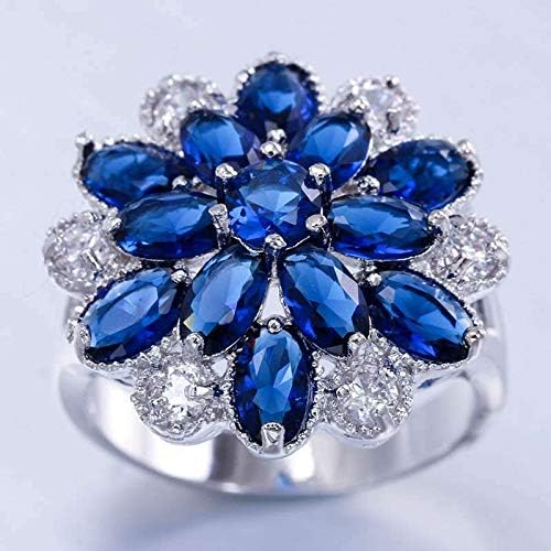 T-nakit Elegant 925 Silver Blue Sapphire& Bijele Topaz cvijet prsten vjenčanje žene veličina 6-10