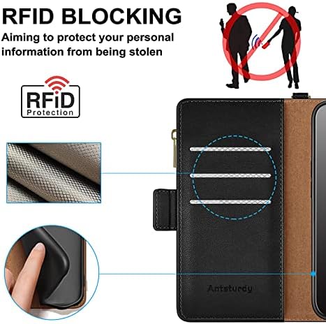 Antsturdy za Samsung Galaxy A13 5G 6.5 futrola za novčanik 【RFID blokada】【Zipper Poket】【7 Slot za kartice】 PU Koža Flip Folio zaštitni poklopac držač kreditne kartice sa narukvicom za muškarce žene, crna