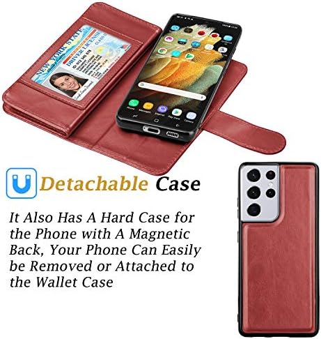 Takfox za Samsung Galaxy S21 Ultra Case Wallet, Galaxy S21 Ultra Wallet Case PU Koža 9 slotova za kartice ID držač kreditne kartice Folio Flip Kickstand odvojiva magnetna futrola za telefon & amp; traka za uzicu-vino Crveno