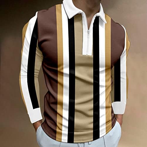 ZDDDO MENS Zipper polo majice, pad dugih rukava mišić sportove ploče prugasta redovito-moćno-fit ovratnik teniske majice