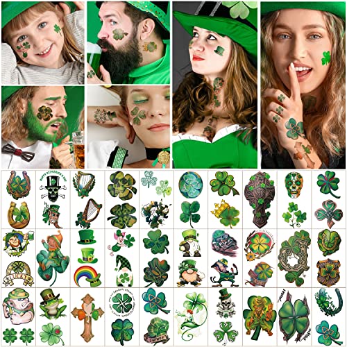 70 listova Dan Dekoracija Dan Privremene tetovaže, 200 + stilovi Zelena djetelina Shamrock Leprechauns Irska zastava Party pribor Lažni tetovaži za muškarce Žene Djeca