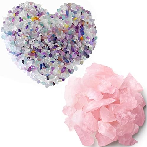 Paket 8.824oz fluoritski kristali polirani šljunak i 7.1oz ružičasti kvarcni sirovi kristali kamenje kamenje Dekoracija poliranja