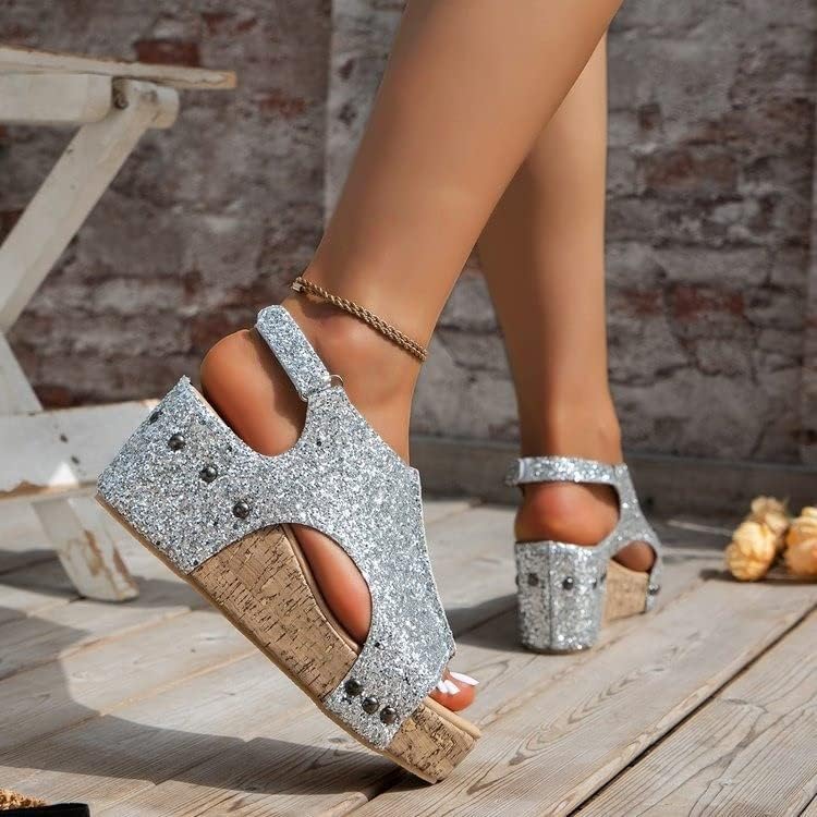 Jisaan sjajne ortopedske sandale, ženski sandalovni klin, ljetne platforme sandale za žene (7 cm viša)