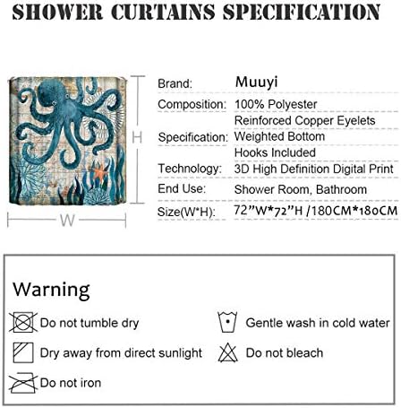 Muuyi hobotnica za zavjese krakene tušske zavjese - smiješne tuš za kupatilo - hobotnica sa brodom jednim brodom u okeanskim talasima, tkanina od tkanine kupatilo sa kukama, 72 x 72 inča