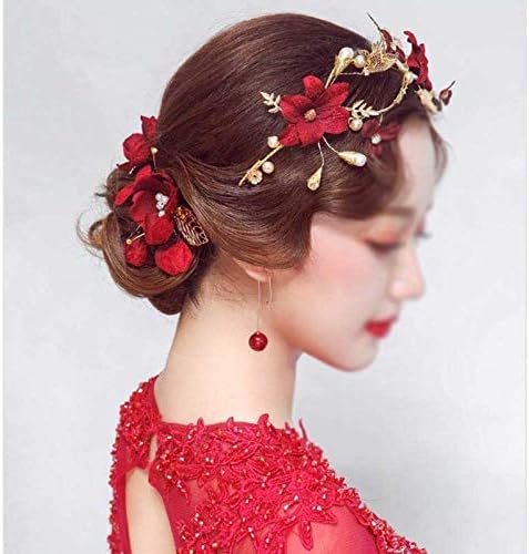 DOUBAO Vintage trake za glavu od cvijeta crvene ruže za mladenku baroknu traku za kosu Tiaras žene vjenčana Zlatna kruna biserna pokrivala za glavu