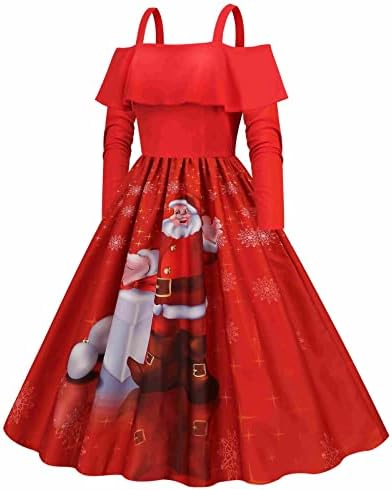NOKMOPO ženske Božićne haljine modni Retro okrugli vrat Božićni Print Dugi rukav haljina tunika Hemline Party haljine