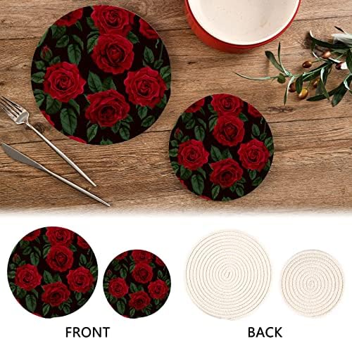 Umiriko Red Rose Flower Cvjetni pottori Set Trivets Set Pure pamučni navoj tkani Hot Holders postavile su elegantne podmetače, vruće jastučiće, kašike za kuhanje i pečenje H060122