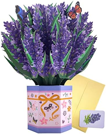 LHFFZJ 3D Pop Up Bouquet kartica, ručno rađene čestitke od cvijeta od lavande sa notom i kovertom, poklon kartica od lavande za Dan zaljubljenih, Majčin dan i sve prilike