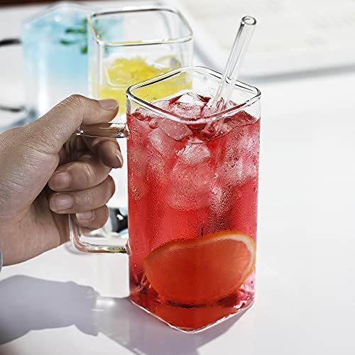 LUXU Glass za piće 13 oz s ručkom, set od 4 tanke kvadratne naočale, elegantno stakleno posuđe za vodu za vodu, sok, pivo, piće i koktele i miješane pića, pukotine bez oblika, stakleno piće