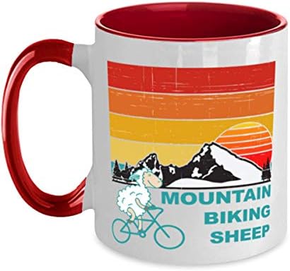 Smiješne retro-planinske biciklizam-ovce dva tona crvena i bijela šolja za kafu