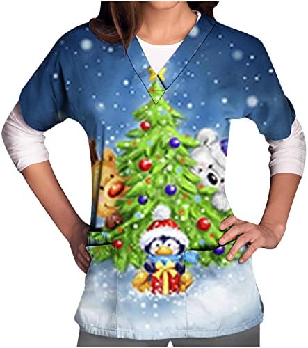 Swirling Christmas Drvo piling vrhovi Žene kratkih rukava Radna odjeća Disana mock Wrap V Crip sa džepovima