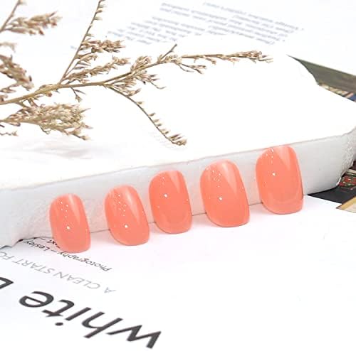 Kvadratna presa na noktima kratki ružičasto narandžasti lažni nokti sjajni sjajni akrilni nokti vrh odijela lična odjeća odgovara jednobojnoj lažnoj noktima kompleti za žene svijetle boje mesa štap na noktima 24 kom