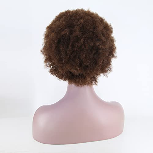 Cik-cak kosa Afro Kinky Curly Fluffy eksplozija srednje braon kratka čipka prednja ljudska kosa perike za crne žene 10inch Izbijeljene čvorove brazilska Djevičanska kosa s dječjom kosom