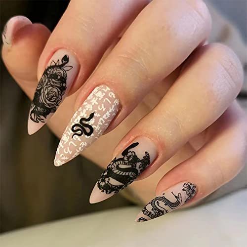 Ezpieces francuski vrh presa na noktima dugačak sa dizajnom smajlija, lažni nokti badem sa ljepilom za nokte, akrilni ljepak na noktima za žene/dnevno/Party, 24 kom/Set